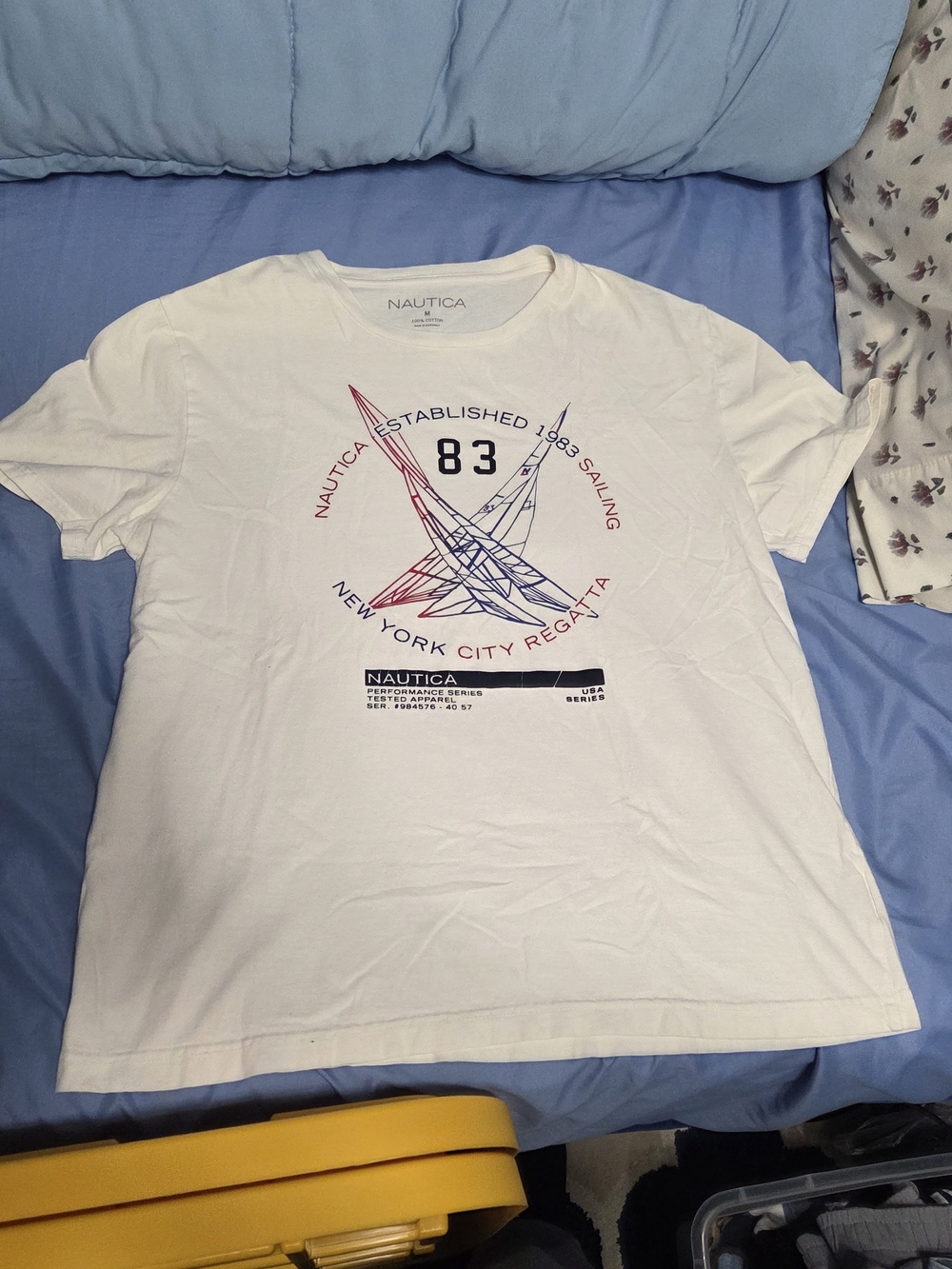 Nautica White Short Sleeve Tee with Red & Blue Sailing Graphic